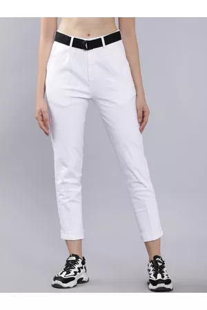 Tokyo Talkies Women White Regular Fit Solid Cigarette Trousers