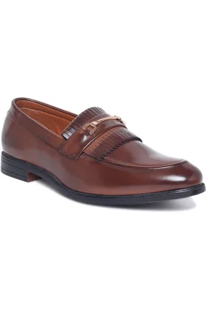 MUTAQINOTI Men Brown Solid Patent Leather Loafers With Laser Cuts