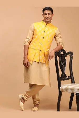 Vastramay Men Yellow Woven Ethnic Jacket & Solid Kurta Pyjama Set