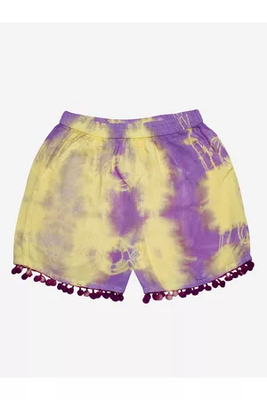 KiddoPanti Girls Yellow & Purple Tie & Die Printed Shorts With Pom Poms