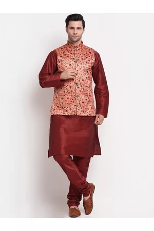 Kraft Men Maroon Kurta & Churidar with Printed Nehru Jacket