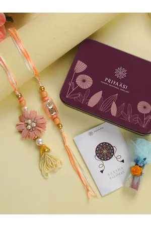 Priyaasi Set Of 2 Pink & White Stone-Studded & Beaded Bhaiya Bhabhi Rakhi Set