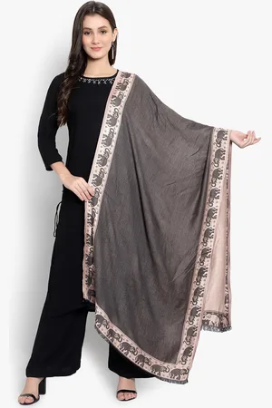 Mizash Women Beige Elephant Motif Border Shawl