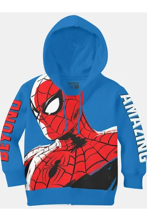 BONKIDS Girls Blue Superman Printed Hooded Sweatshirt