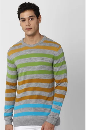 Peter England Men Grey & Green Striped Pullover