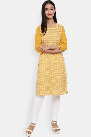 Desi Mix Women Mustard Yellow Floral Embroidered Kurta