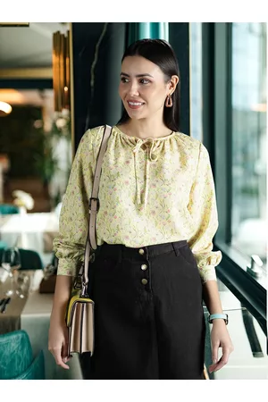 Flying Machine Women Yellow & Pink Floral Print Tie-Up Neck Top