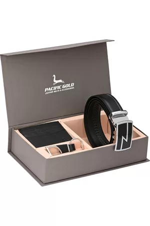 Pacific Men Black & Silver-Toned Genuine Leather Accessory Gift Set