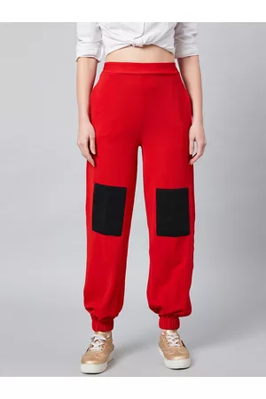 ATHENA Women Red & Black Loose Fit Solid Joggers