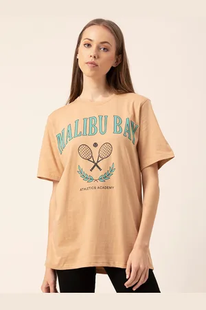 Lounge Dreams Women Beige & Blue Printed Pure Cotton Oversized Lounge T-shirt