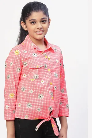 CACA CINA Girls Coral Floral Print Cotton Shirt Style Top