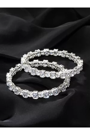 PANASH Set of 2 Rhodium-Plated Silver-Toned White AD-Studded Bangles