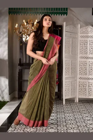 Charukriti Green & Pink Striped Pure Cotton Saree