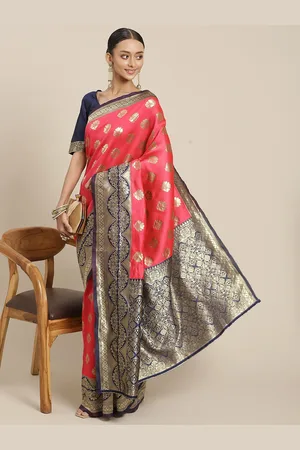 Varanga Fuchsia Pink & Blue Ethnic Motifs Zari Silk Blend Banarasi Saree