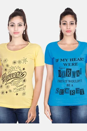 Fleximaa Women Blue & Yellow Pack Of 2 Typography Printed Cotton T-shirt