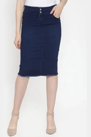 Purple Feather Navy Blue Denim High Waist Stretchable Skirt