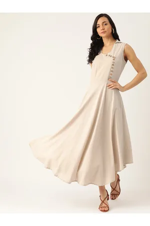 DODO & MOA Women Beige Solid Pure Cotton Maxi Dress