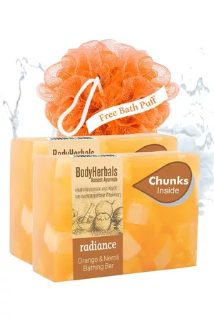 BodyHerbals Set of 2 Radiance Orange Neroli Bathing Bar with Natural Chunks & Bath Puff