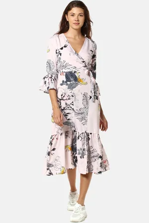 Campus Off-White & Grey Floral Midi Wrap Dress