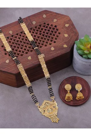 Brandsoon Gold-Plated & Black Beaded Mangalsutra With Earrings