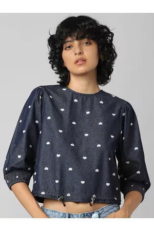 ONLY Women Blue Conversational Printed Crop Top