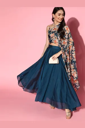 Inddus Women Tranquil Teal Printed Top with Solid Skirt