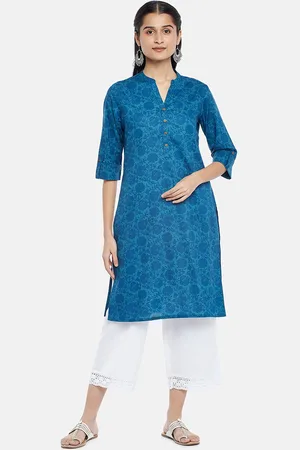 Women Blue & White Striped Pure Cotton Kurta–