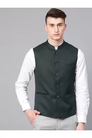 MANQ Men Green Slim Fit Solid Nehru Jacket
