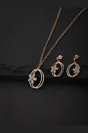 Carlton London Women Rose Gold-Toned Cubic Zirconia Studded Necklace with Earrings