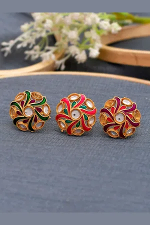 Silvermerc Designs Set Of 3 Gold-Plated White Stone-Studded Meenakari Finger Rings