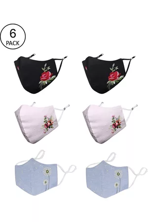 Masq Women Pack of 6 Embroidered 4-Ply Reusable Pure Cotton Cloth Masks