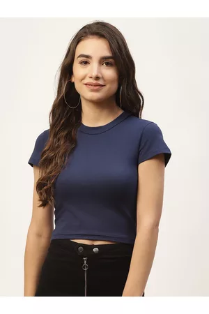 FEMEA Women Navy Blue Solid Crop Top