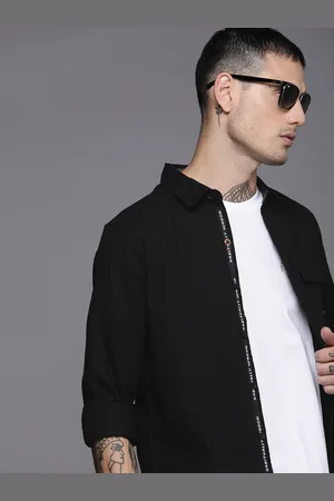 WROGN Men Black Slim Fit Solid Opaque Pure Cotton Casual Shirt With Flap Chest Pocket