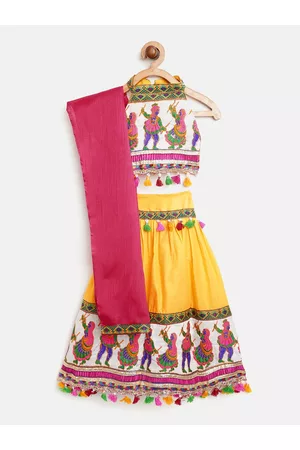 BownBee Girls Yellow & White Embroidered Ready to Wear Lehenga & Blouse with Dupatta