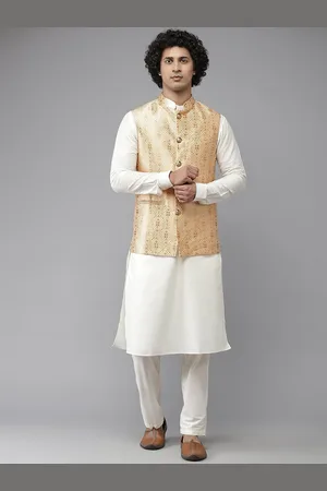 See Designs Men Gold-Toned & White Woven Design Nehru Jacket