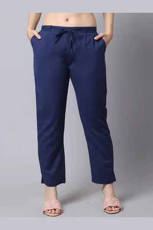 Pistaa Women Navy Blue Pleated Cigarette Trousers