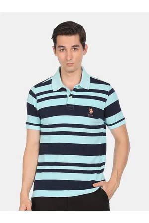 U.S. Polo Assn. U S Polo Assn Men Blue Striped Polo Collar Applique T-shirt