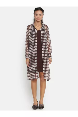 OFFICE & YOU Women Brown Shirt Collar Printed Tunic with Spaghetti Inner
