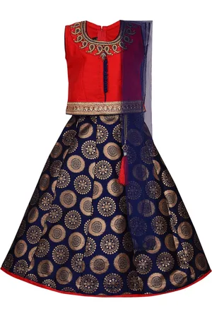 Wish Karo Girls Red & Navy Blue Embellished Ready to Wear Pattu Pavadai with Dupatta