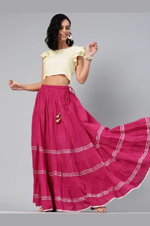 Jaipur Hand Crafted flared Pink Pure Cotton Skirt with White Crop Top