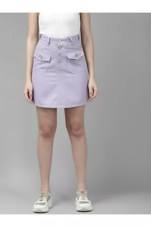 KASSUALLY Women Lavender Solid Pure Cotton A-Line Skirt