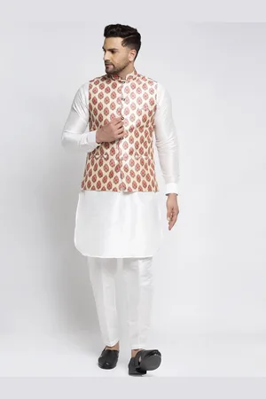 Kaifoo Men White Ethnic Motifs Kurti with Pyjamas