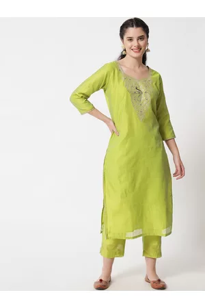 Aujjessa Women Lime Green Thread Work Chanderi Silk Kurta with Trousers