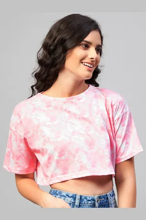 Chimpaaanzee Women Pink Tie & Dye Extended Sleeves Loose Fit Crop T-shirt