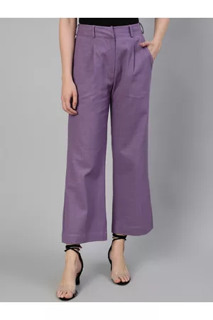 Jaipur Women Lavender Solid Flared High-Rise Pleated Cotton Parallel Trousers