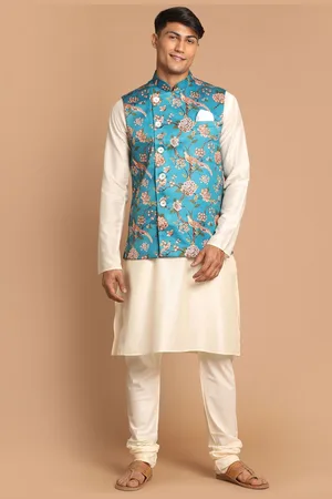 Vastramay Men Floral Kurta with Churidar with Nehru Jacket Set