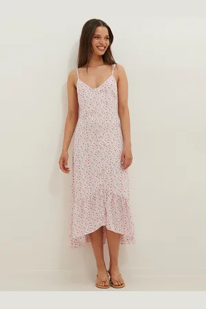NA-KD X AnikaTeller Women White & Pink Floral A-Line Midi Dress