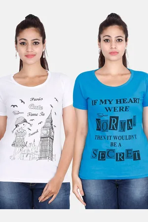 Fleximaa Women Blue & White Pack Of 2 Typography Printed Cotton T-shirt