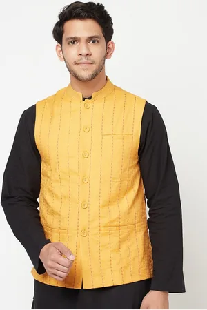 Fabindia Men Yellow Striped Dobby Woven Nehru Jacket