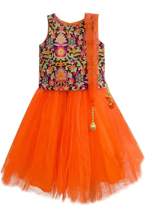 A.T.U.N. A T U N Girls Orange & Black Embroidered Ready to Wear Lehenga & Blouse With Dupatta